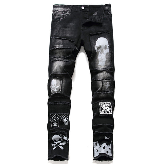 Gothic Ghost Rider Jeans: Skull Embellished Black Denim