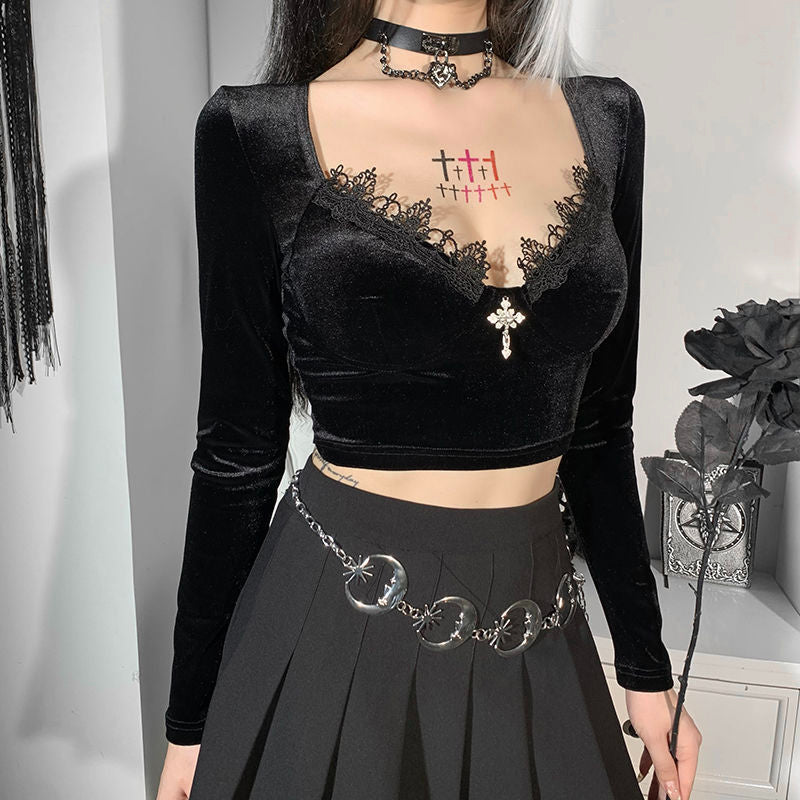 Cross Frayed Deep V Velvet Crop Top