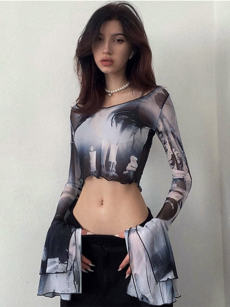 Ethereal Flare Sleeve Ghost Crop Top