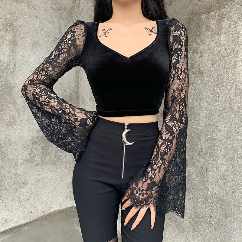 Lacey Velvet Flare Sleeve Crop Top