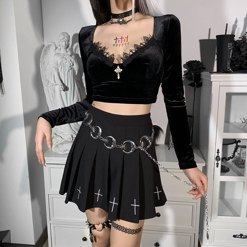 Cross Frayed Deep V Velvet Crop Top