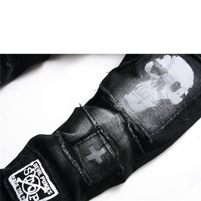 Gothic Ghost Rider Jeans: Skull Embellished Black Denim