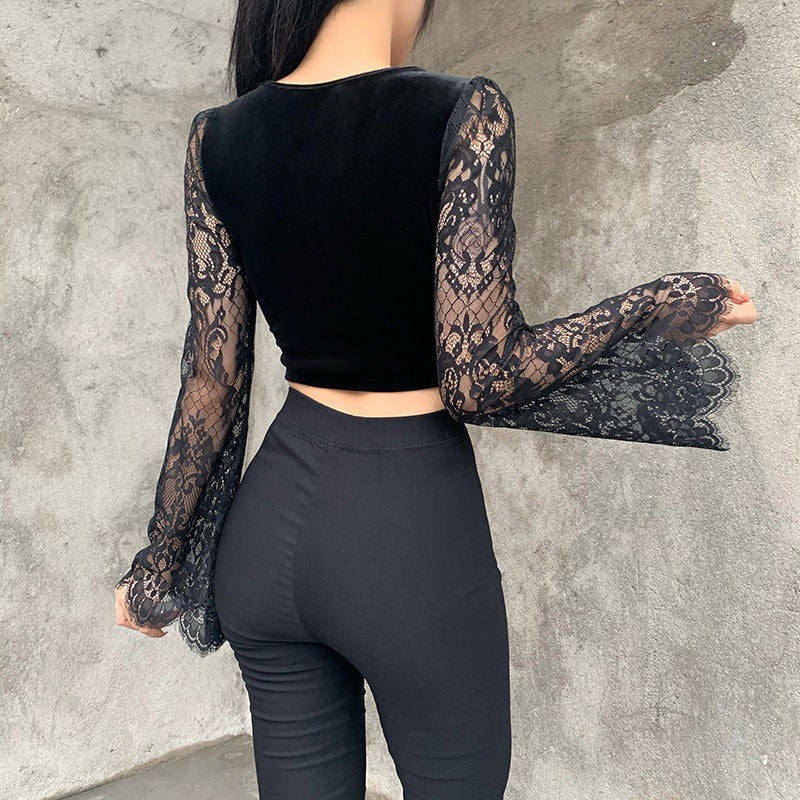 Lacey Velvet Flare Sleeve Crop Top