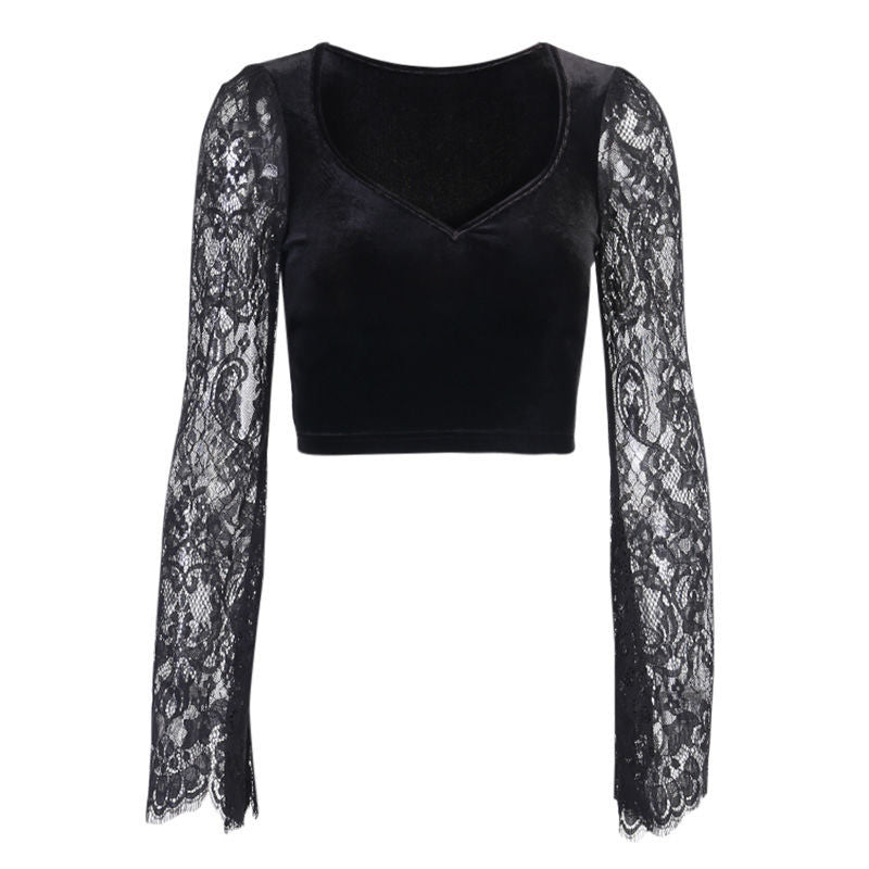 Lacey Velvet Flare Sleeve Crop Top