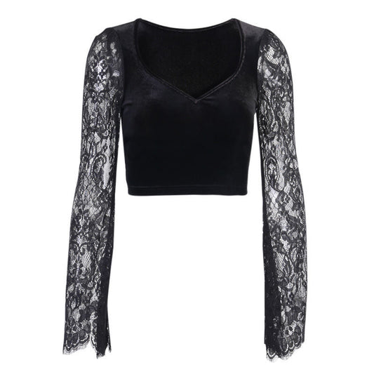 Lacey Velvet Flare Sleeve Crop Top