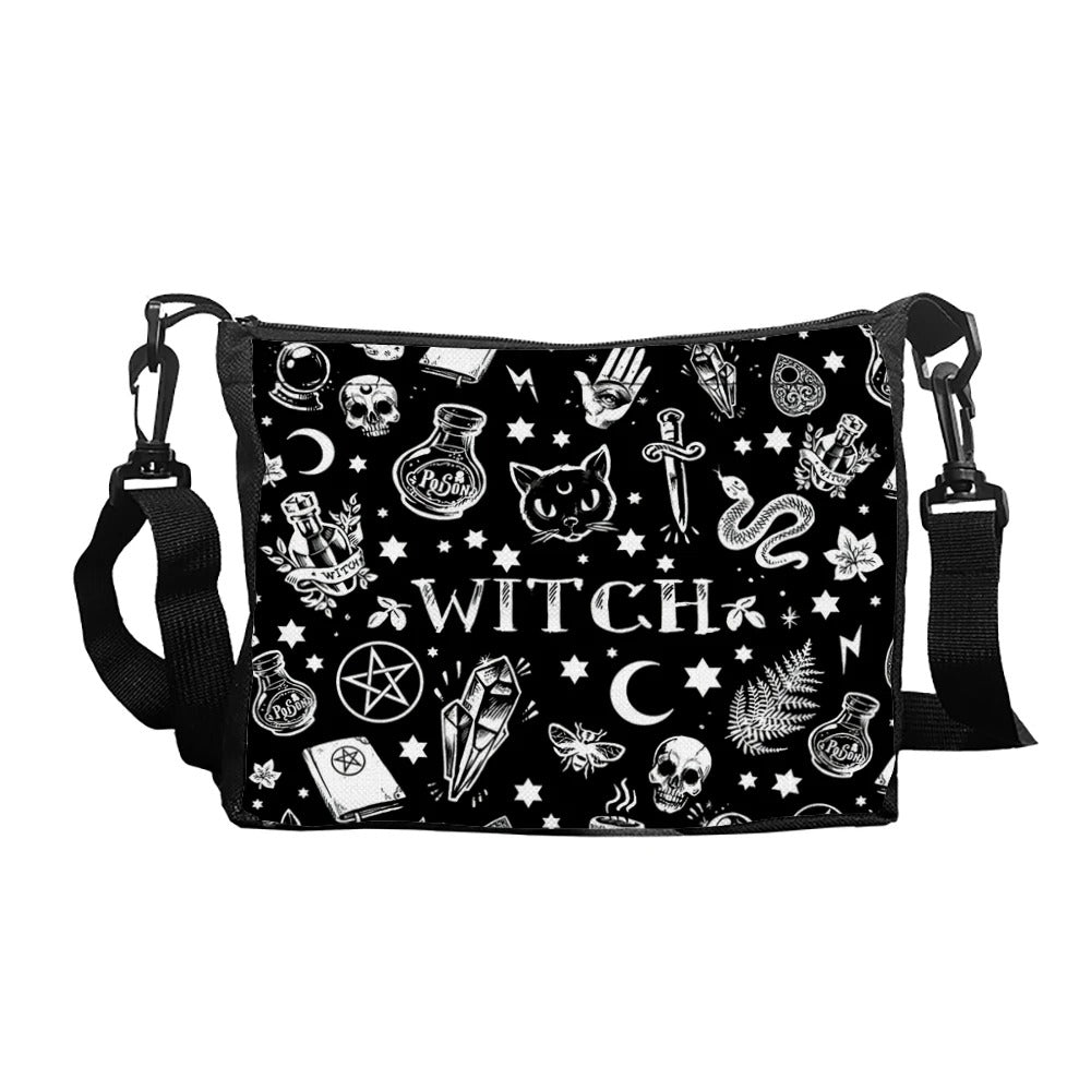 Alternative fashion shoulder bag with a gothic cat print, suited for mall goth style.