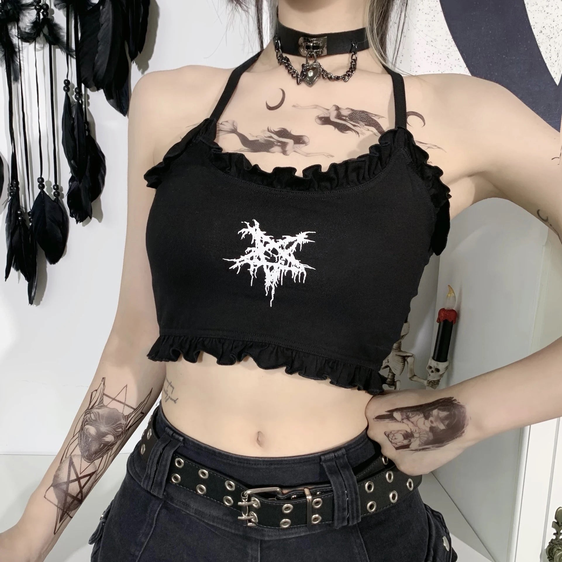Black crop top with white satanic symbol in the centre