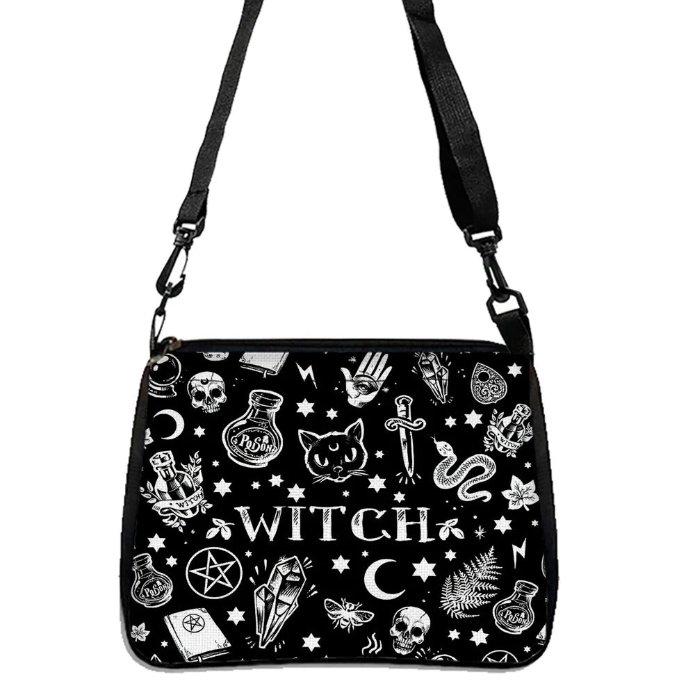 Close-up of Gothic Cat Shoulder Bag with unique satanic design, ideal for alt fashion fans.