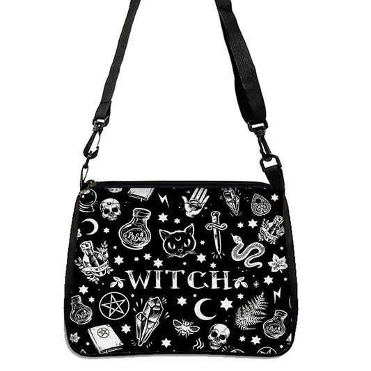 Cyber goth-inspired shoulder bag with satanic cat design for alternative style enthusiasts