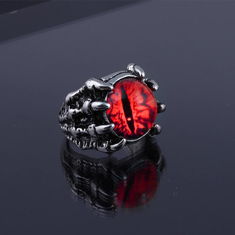 Adjustable Gothic Ring with Red Demonic Eye and Claw Detail