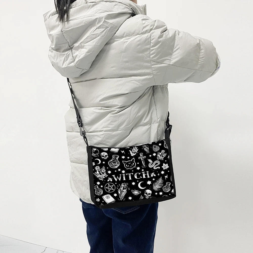 Satanic Gothic Cat Shoulder Bag in black, perfect for mall goth and cyber goth fashion.