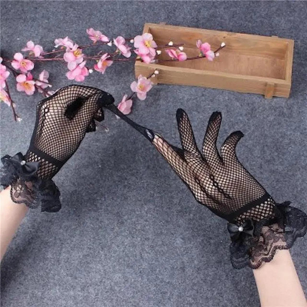 Floral Flare Fishnet Gloves with Lace Accents