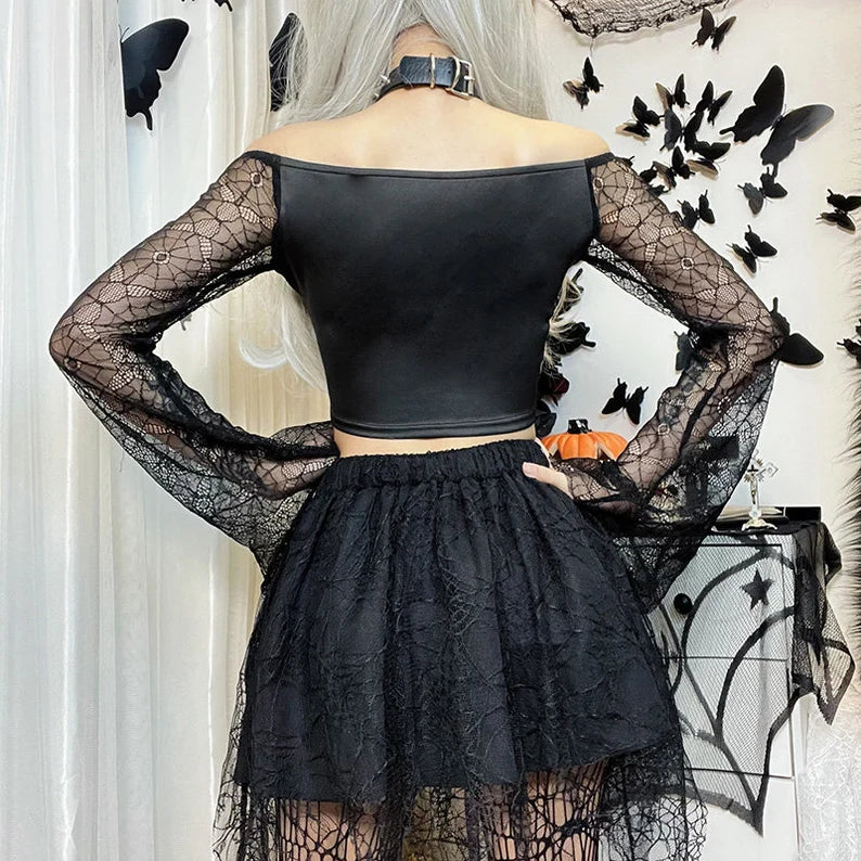 Spider Web Flare Sleeve Crop Top