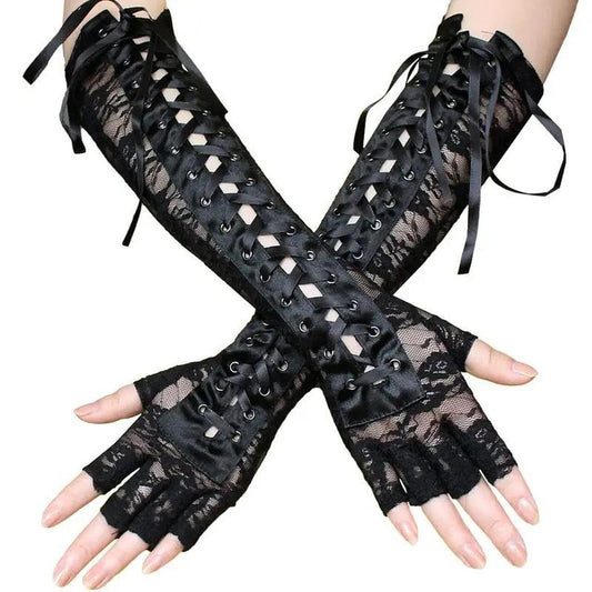 Lace Elbow-Length Half-Finger Gloves with Ribbon Ties