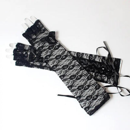 Lace Elbow-Length Half-Finger Gloves with Ribbon Ties