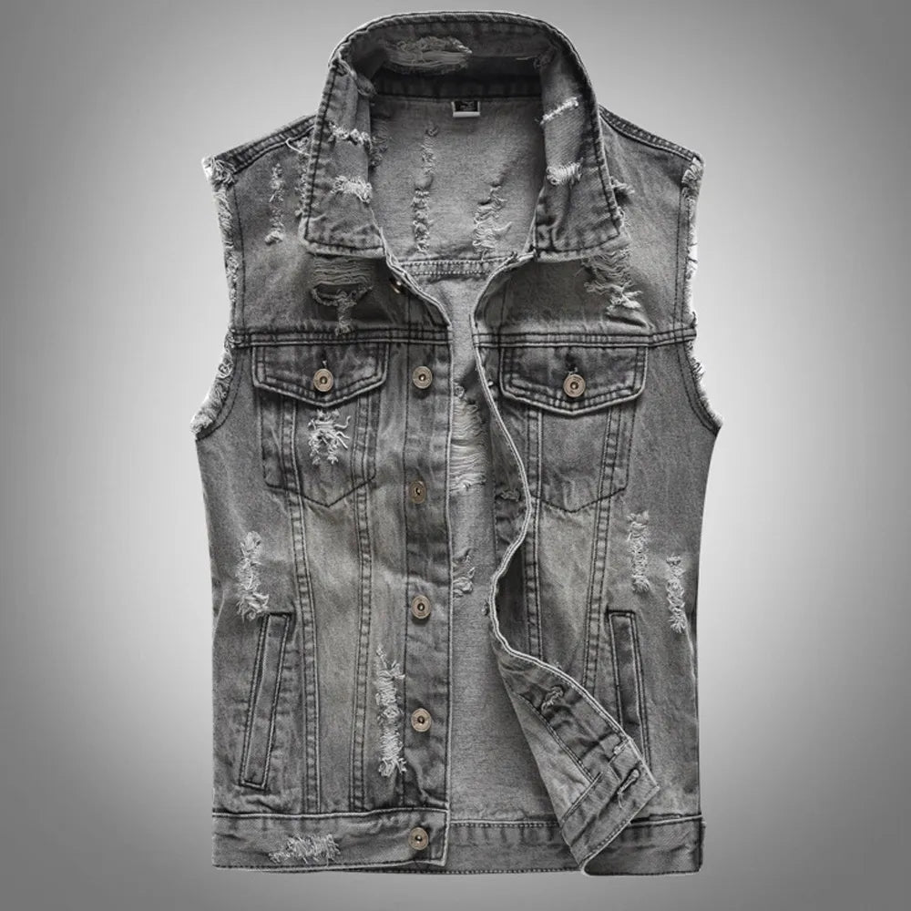 Distressed Grey Sleeveless Denim Vest