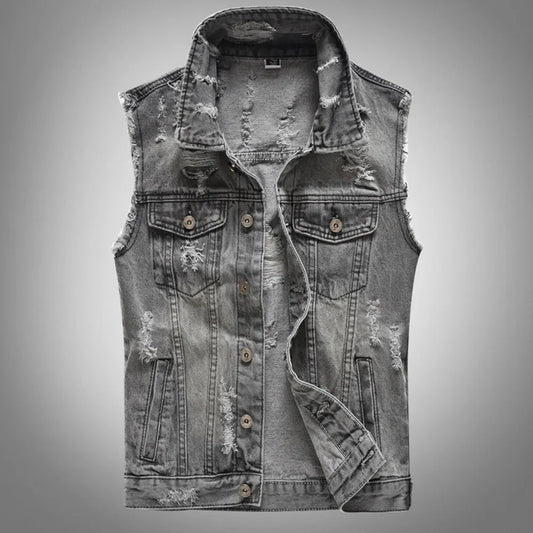 Distressed Grey Sleeveless Denim Vest