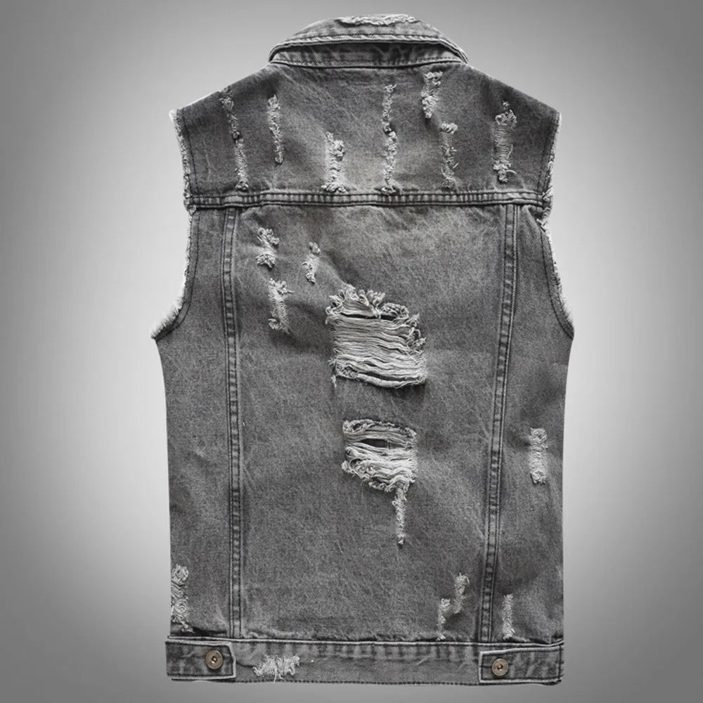 Distressed Grey Sleeveless Denim Vest