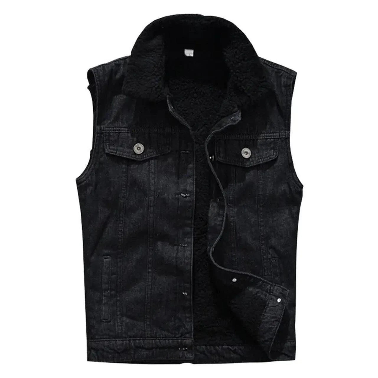 Edgy Black Sleeveless Denim Vest with Cozy Fleece Lining