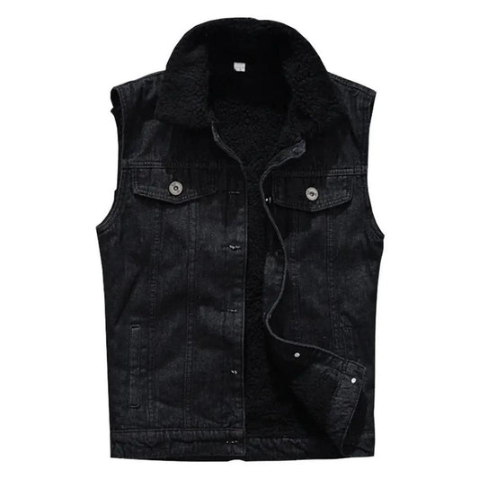 Edgy Black Sleeveless Denim Vest with Cozy Fleece Lining