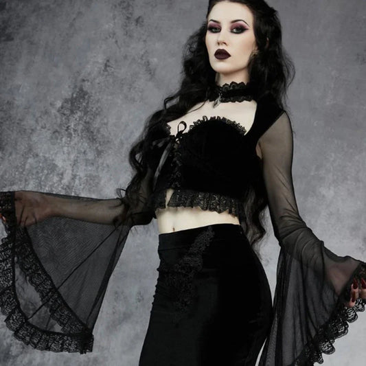 Gothic Flare Sleeve Bowed Crop Top