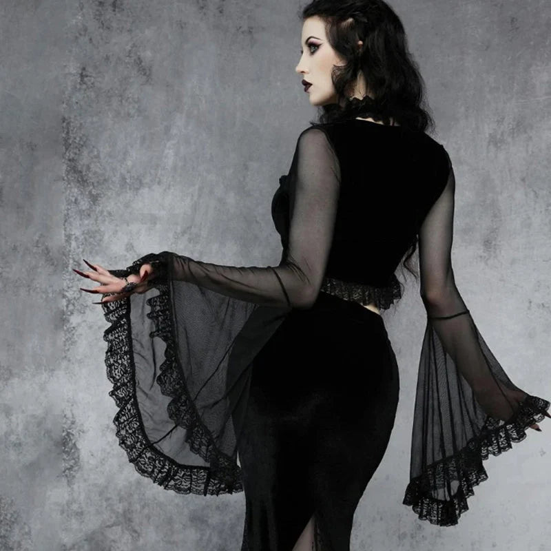 Gothic Flare Sleeve Bowed Crop Top