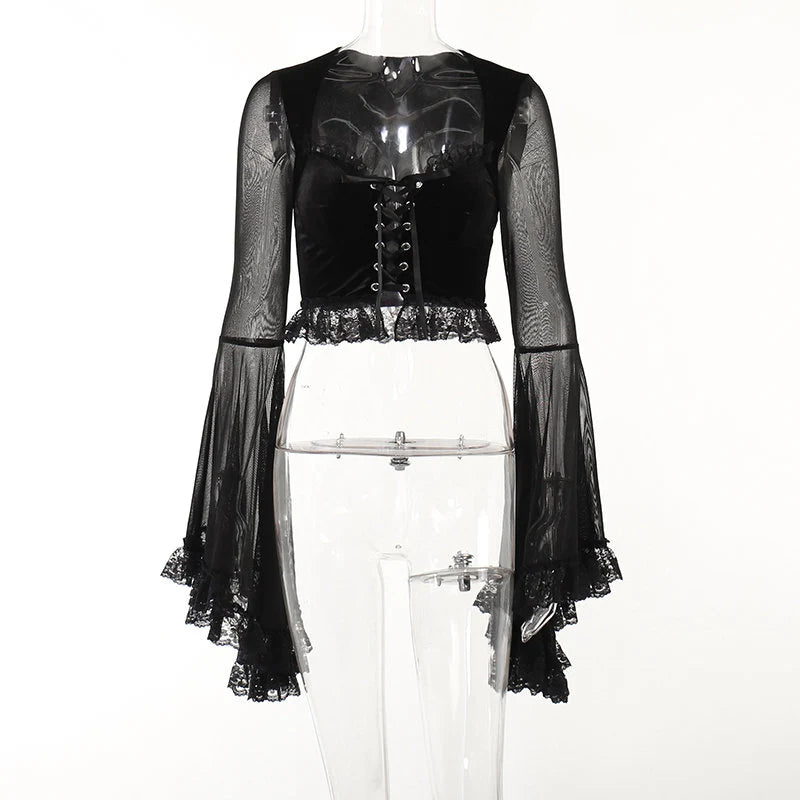 Gothic Flare Sleeve Bowed Crop Top