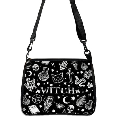 Close-up of Gothic Cat Shoulder Bag with unique satanic design, ideal for alt fashion fans.