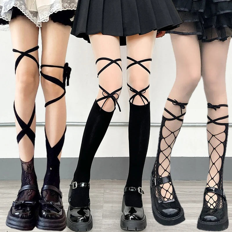 Close-up of Kawaii Straps Split Fishnet Tights in pastel goth style with unique split strap details