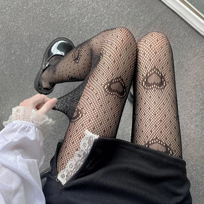 White Heart Fishnet Lace Tights