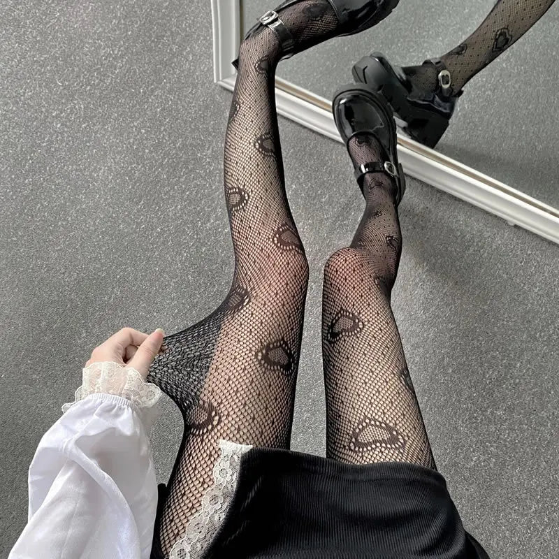 White Heart Fishnet Lace Tights