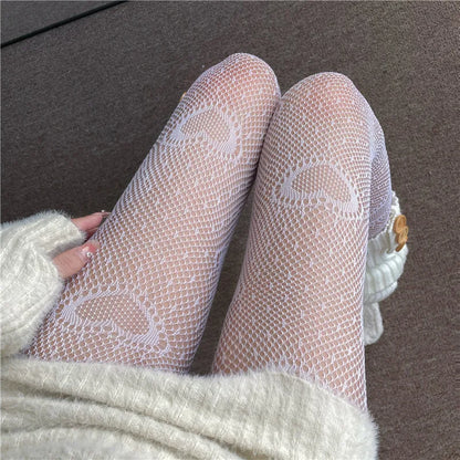 White Heart Fishnet Lace Tights