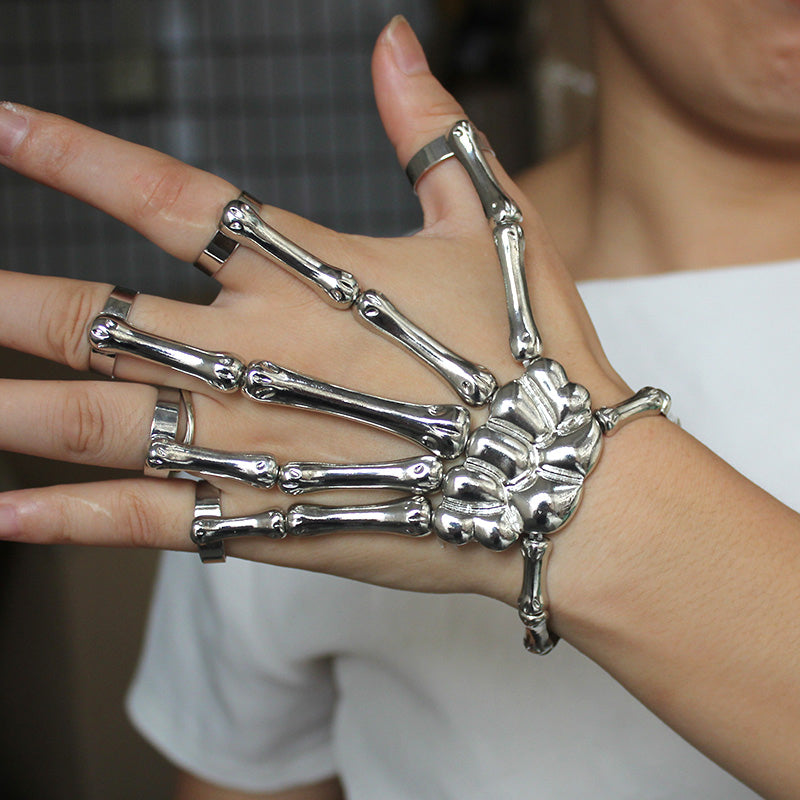 Silver Gothic Skeleton Bracelet with Detailed Skeleton Hand Design